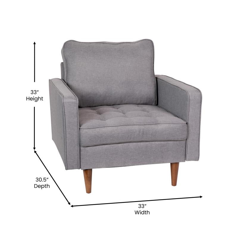 Luigi Mid-Century Modern Armchair with Tufted Light Gray Faux Linen Upholstery Wood Leg