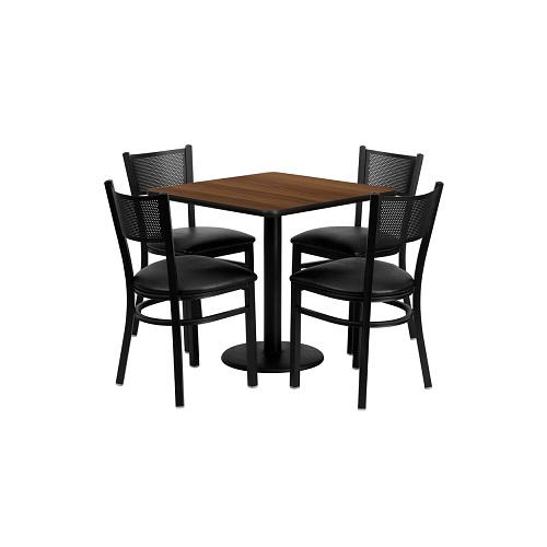 Square Walnut Laminate Table 30 Set with 4 Mesh Back Black Metal Chairs