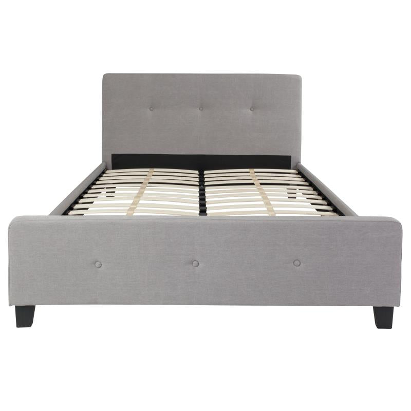 Trendy Nights Queen Size Affordable Platform Hotel Bed Frame ANSI BIFMA Certified Cloud Gray Button Back Fabric