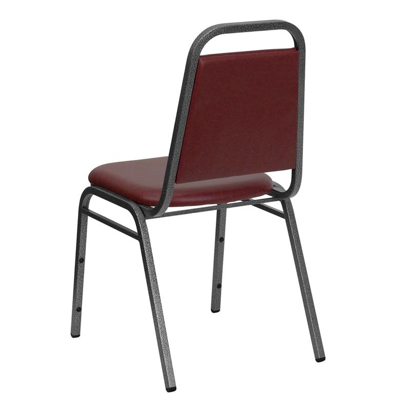 TBD 1002 Club Series Trapezoidal Back Stacking Banquet Chair with Burgundy Vinyl and 1.5'' Thick Seat - Silver Vein Frame