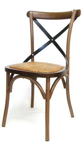 Industrial Metal Cross Back Chair Straw Seat Walnut Finish