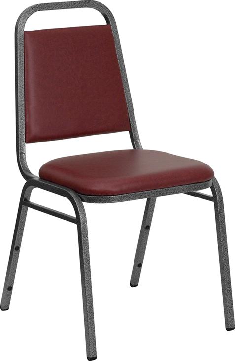 TBD 1002 Club Series Trapezoidal Back Stacking Banquet Chair with Burgundy Vinyl and 1.5'' Thick Seat - Silver Vein Frame