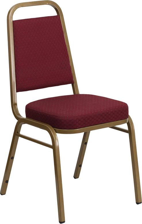 TBD 1008 Club Series Trapezoidal Back Stacking Banquet Chair with Burgundy Patterned Fabric and 2.5'' Thick Seat - Gold Frame